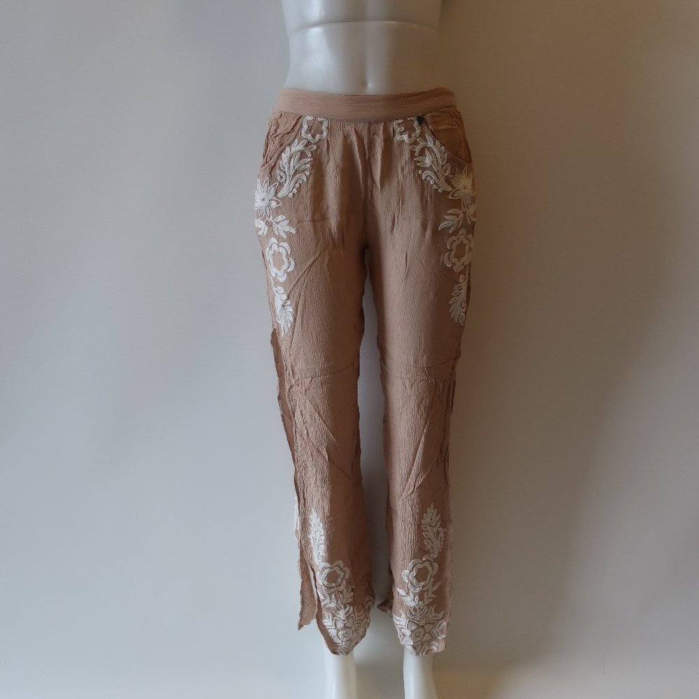 NWT TINA DEMEL FREESIA SAND ELASTIC WAIST PANTS S*